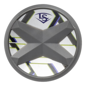 Top-down close-up of a gray fastpitch bat end cap with a raised X, geometric pattern, and LS logo.