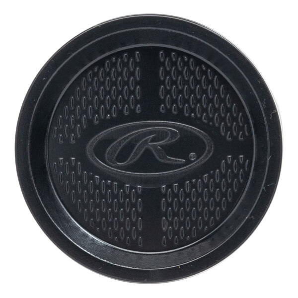 Top-down view of a black baseball bat end cap with a textured surface and Rawlings logo.