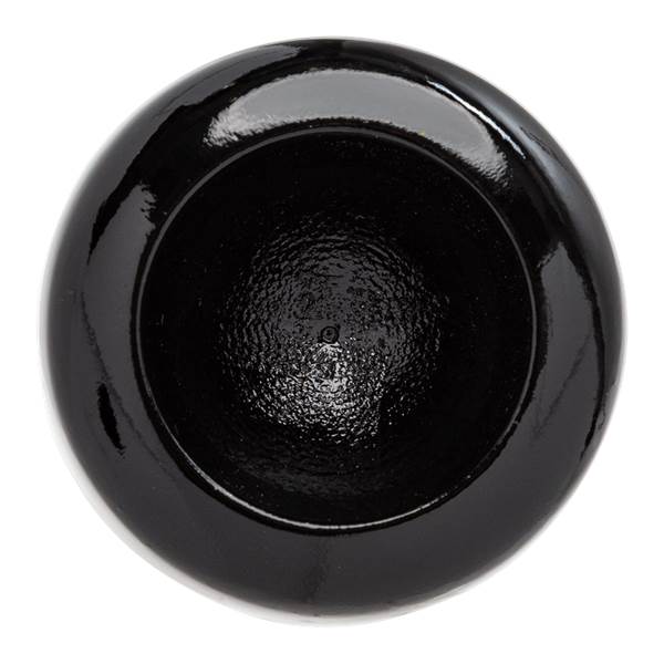Top-down view of a black bat end cap with a glossy outer rim and a textured, recessed center.