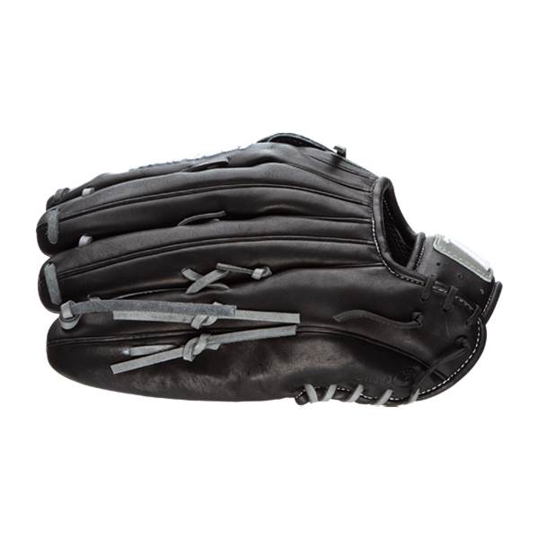 Side view of a black baseball glove with grey lacing and a silver accent on the wrist strap.