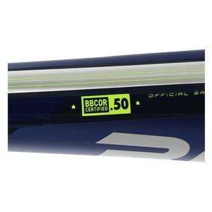 Close-up of a blue baseball bat with a BBCOR CERTIFIED .50 sticker and OFFICIAL BA text.