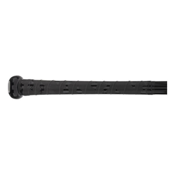Side view of a black bat handle with a spiral-wrapped, textured grip and a rounded knob.