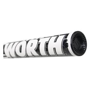 Side view of a white and black softball bat with WORTH logo and black end cap.