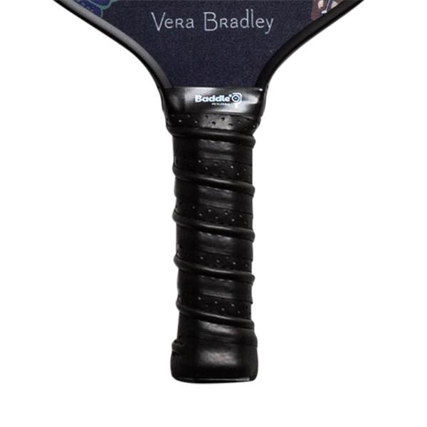 Close-up of a black pickleball paddle grip with Baddle logo and Vera Bradley text.