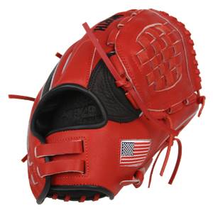 Front view of a scarlet baseball glove with a woven palm, black finger inserts, and an American flag patch.