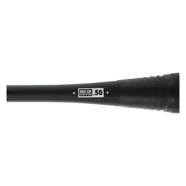 Side view of a black baseball bat with BBCOR CERTIFIED .50 text.
