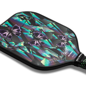 Corner view of a black pickleball paddle with holographic butterfly and crystal graphics, and NIGHTSHADE text.