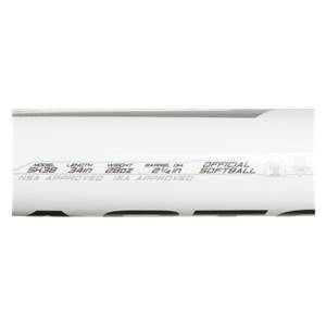 Side view of a white softball bat with model SK38, 34in length, 28oz weight, 2 1/4in barrel dia, and NSA/ISA approved markings.