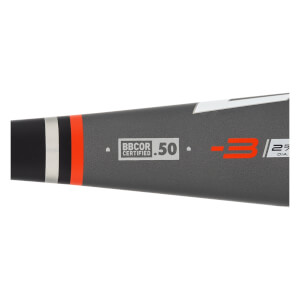 Side view of a gray baseball bat with BBCOR CERTIFIED .50 and -3 markings.