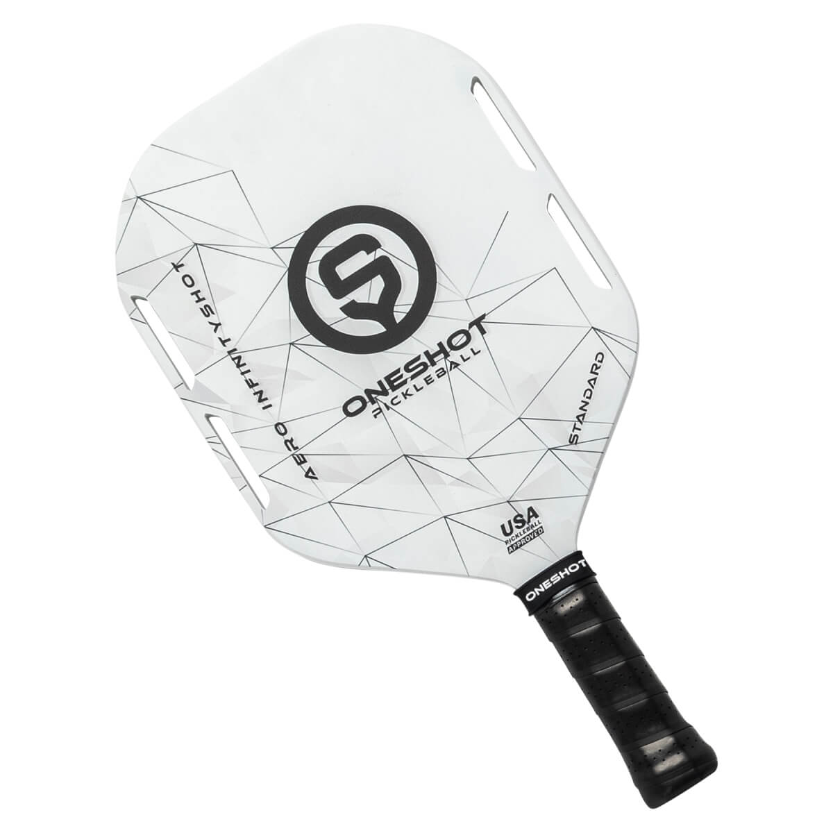 Front view of a white pickleball paddle with black geometric design, ONESHOT PICKLEBALL text, and a black grip.