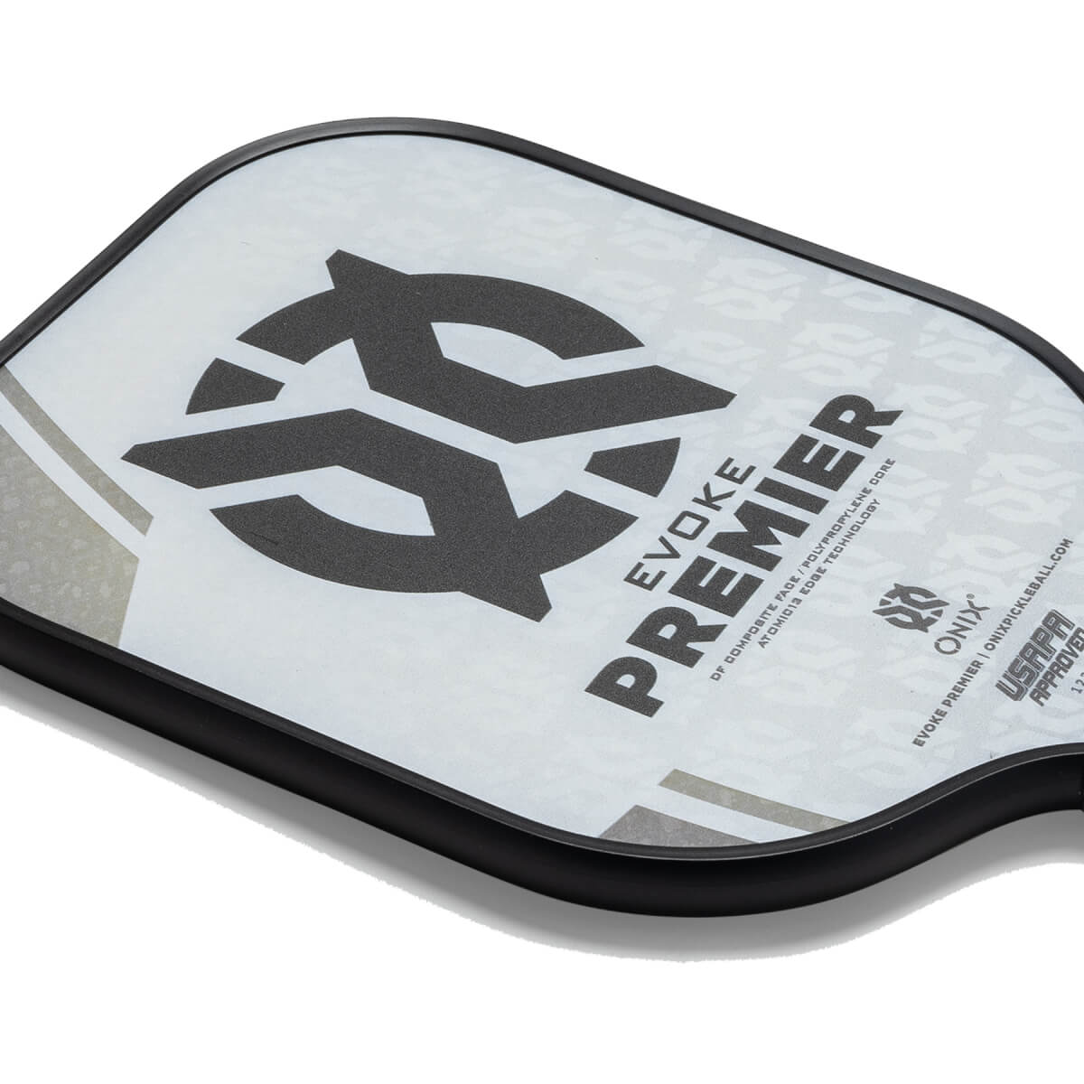 Corner view of a white pickleball paddle with a black logo, EVOKE PREMIER text, and USAPA APPROVED stamp.