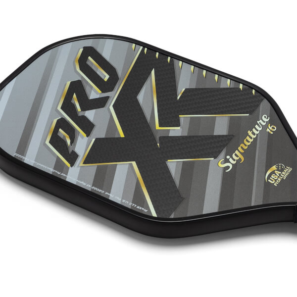 Corner view of a gray and black pickleball paddle with PROXR and Signature 16 text.