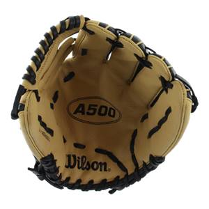 Top-down view of a tan baseball glove with black lacing and A500 Wilson branding.