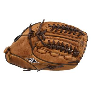 Side view of a tan baseball glove with dark brown lacing and a white E logo.