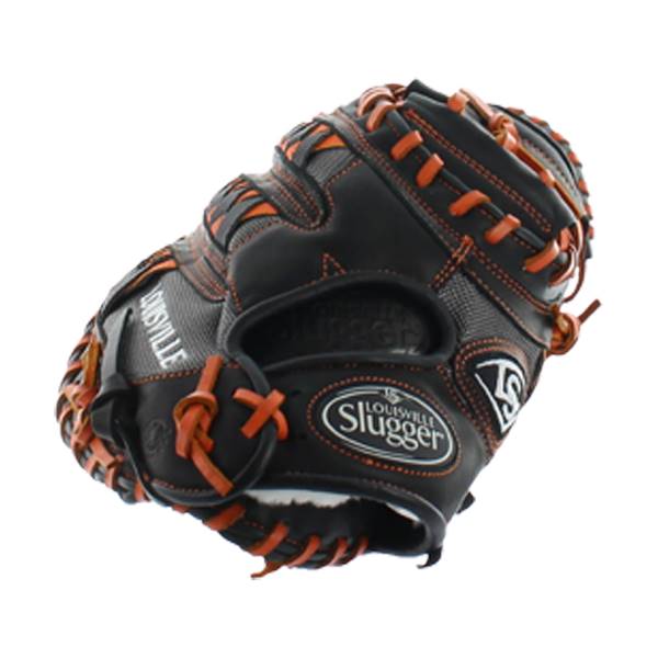 Top-down view of a black Louisville Slugger baseball glove with orange stitching and a white logo.