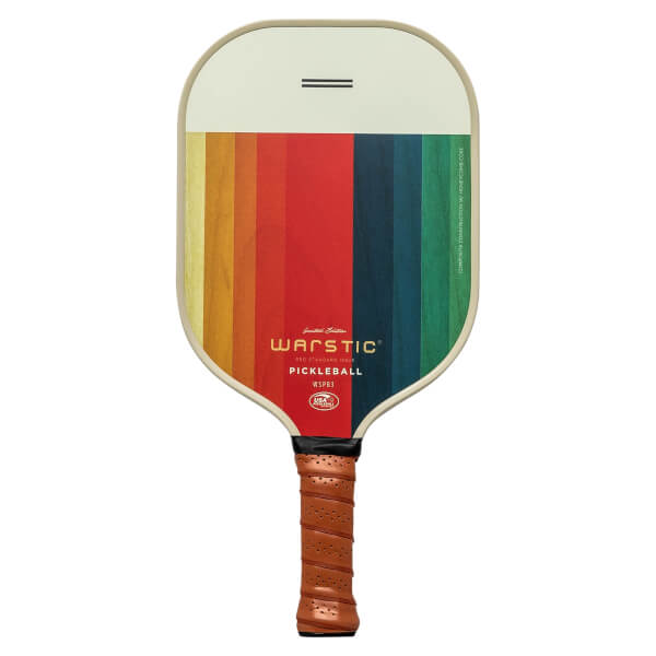 Front view of a white pickleball paddle with a rainbow stripe design, Warstic branding, and a brown grip.