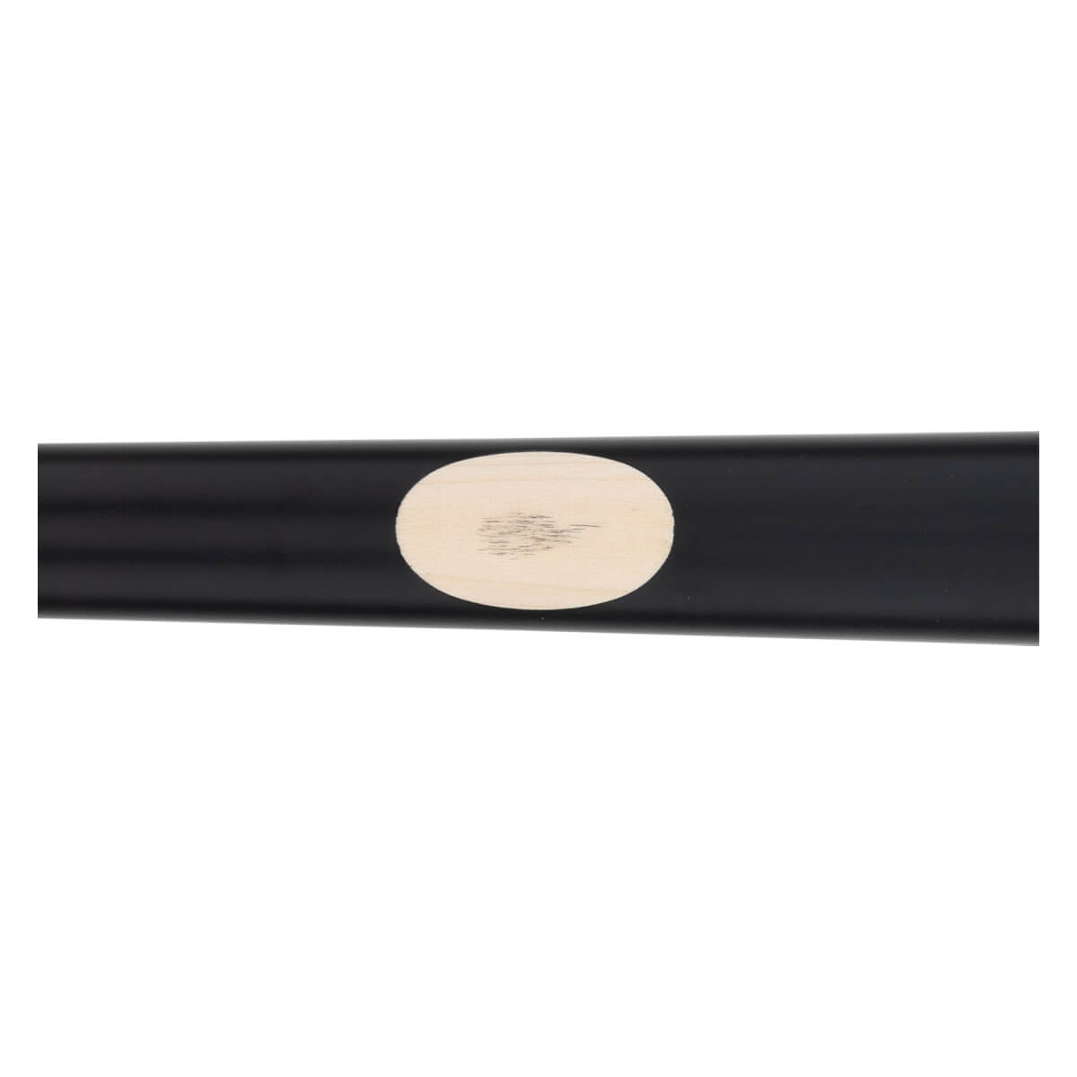 Close-up of a black baseball bat with a light oval wood grain patch.