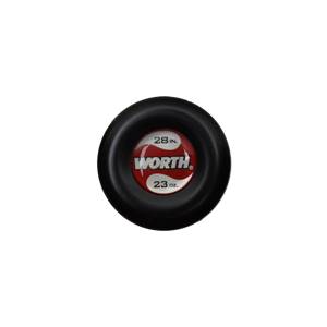 Top-down view of a black baseball bat end cap with red and white Worth logo, 28 in. and 23 oz. labels.