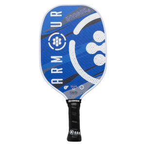 Front view of a blue pickleball paddle with white and black abstract designs, ARMOUR text, and INVIGOR 8 text.