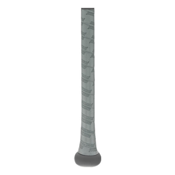 Side view of a gray baseball bat with a repeating Marucci logo grip and a gray end cap.