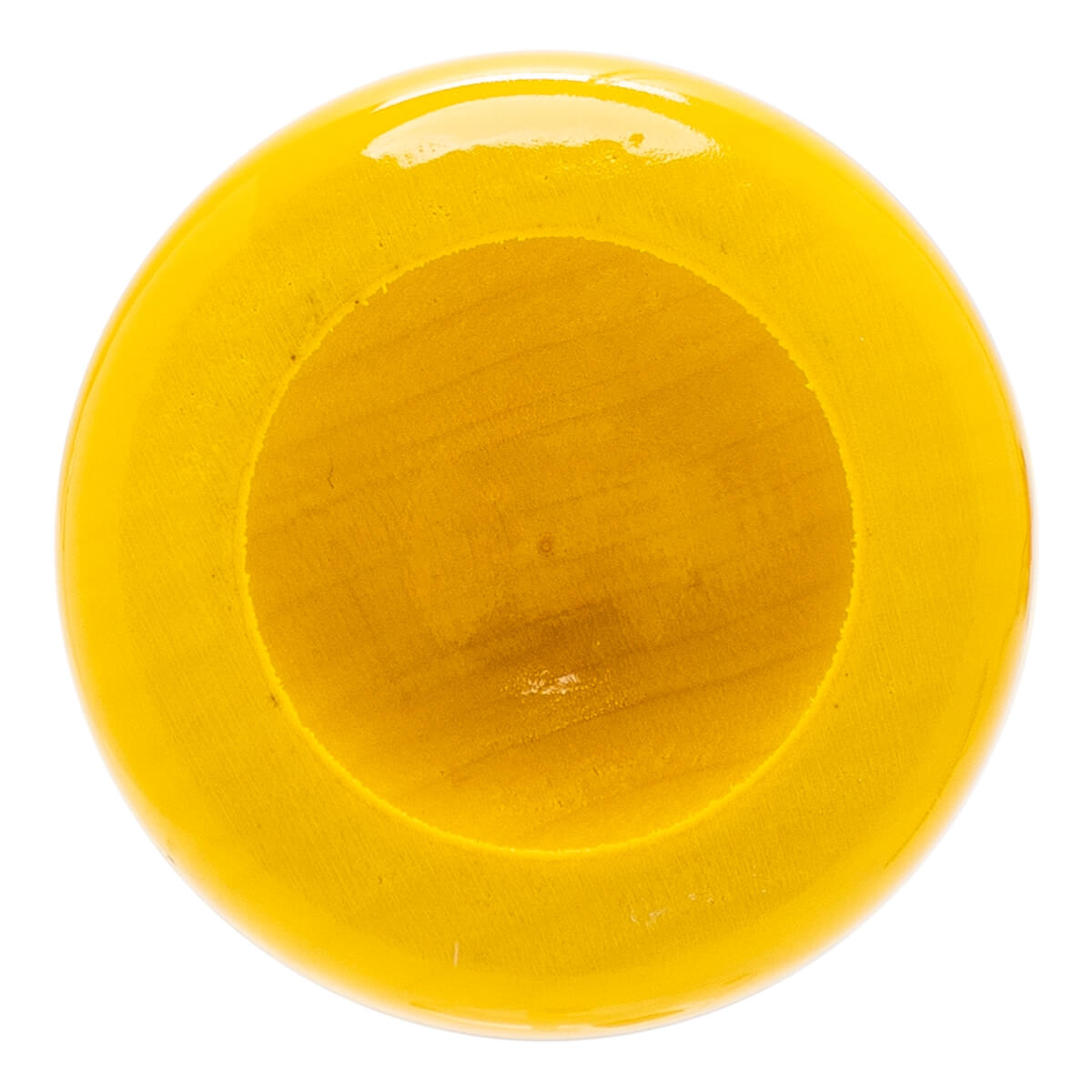 Top-down view of a yellow baseball bat with a glossy cupped end and visible wood grain inside.