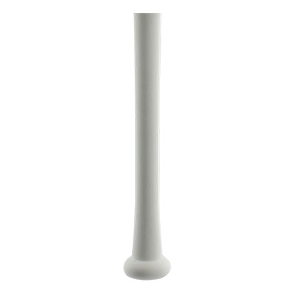 Side view of a white baseball bat with a smooth, tapered barrel and rounded knob.