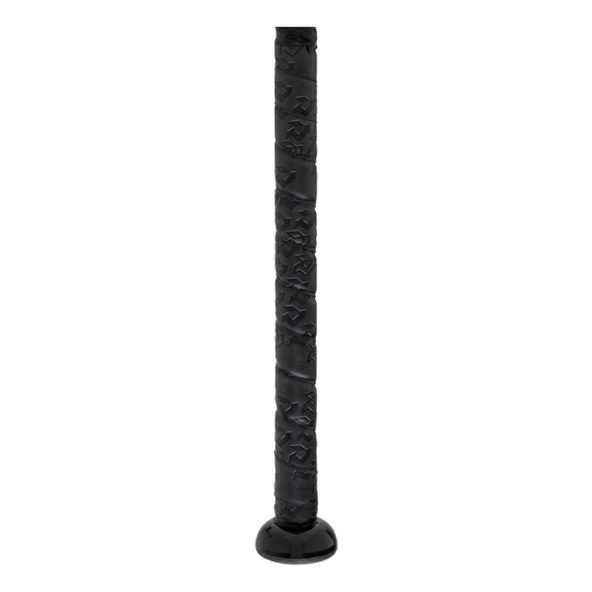 Close-up of a black softball bat handle with a textured spiral grip and a rounded black knob.