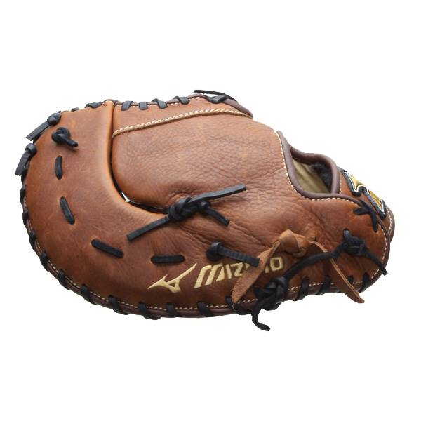 Side view of a brown baseball mitt with black lacing and visible Mizuno branding.