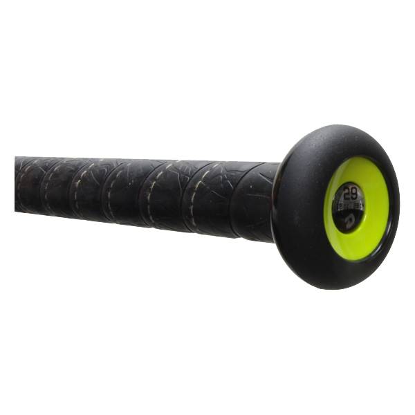 Side view of a black baseball bat with a textured grip and a neon yellow end cap showing 29.