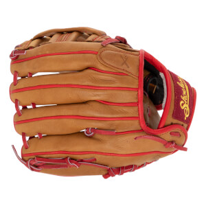 Angled front view of a tan baseball glove with red lacing, a maroon wrist strap, and Shoeless Joe branding.