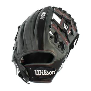 Side view of a gray Wilson A2K baseball glove with red stitching and a black wrist strap.