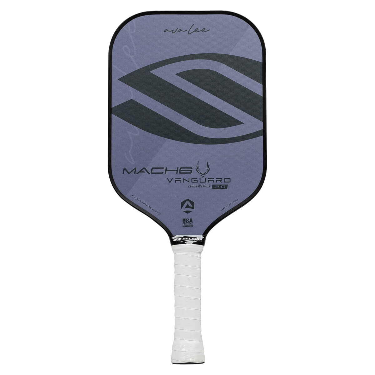 Front view of a purple pickleball paddle with a large grey S graphic, MACH6 VANGUARD 2.0 text, and white grip.