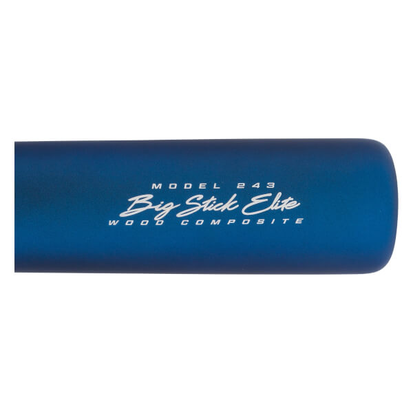 Side view of a blue baseball bat with Big Stick Elite and WOOD COMPOSITE text.