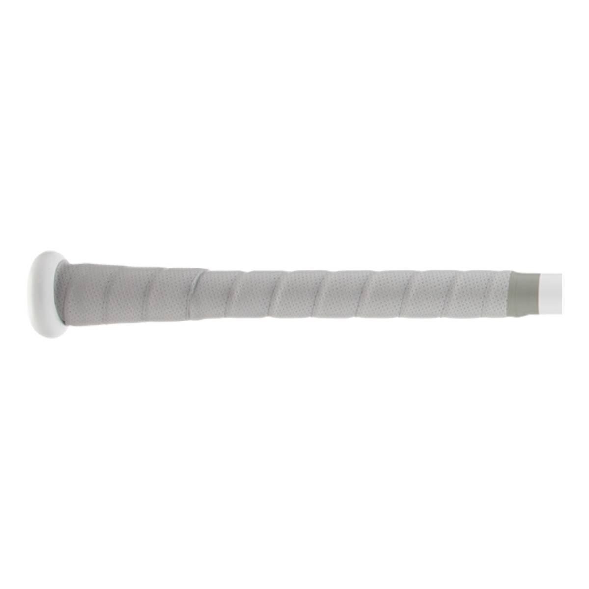 Side view of a gray baseball bat with a white end cap and textured grip.