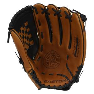 Front view of a brown baseball glove with black lacing, a checkered pattern, and EASTON text.