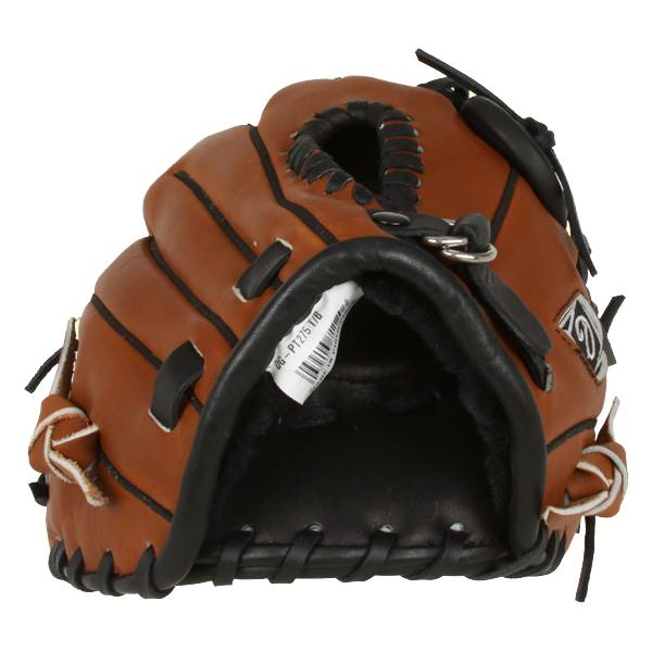 Top-down view of a brown baseball glove with black lacing and a white tag reading 06-PT275 T/B.