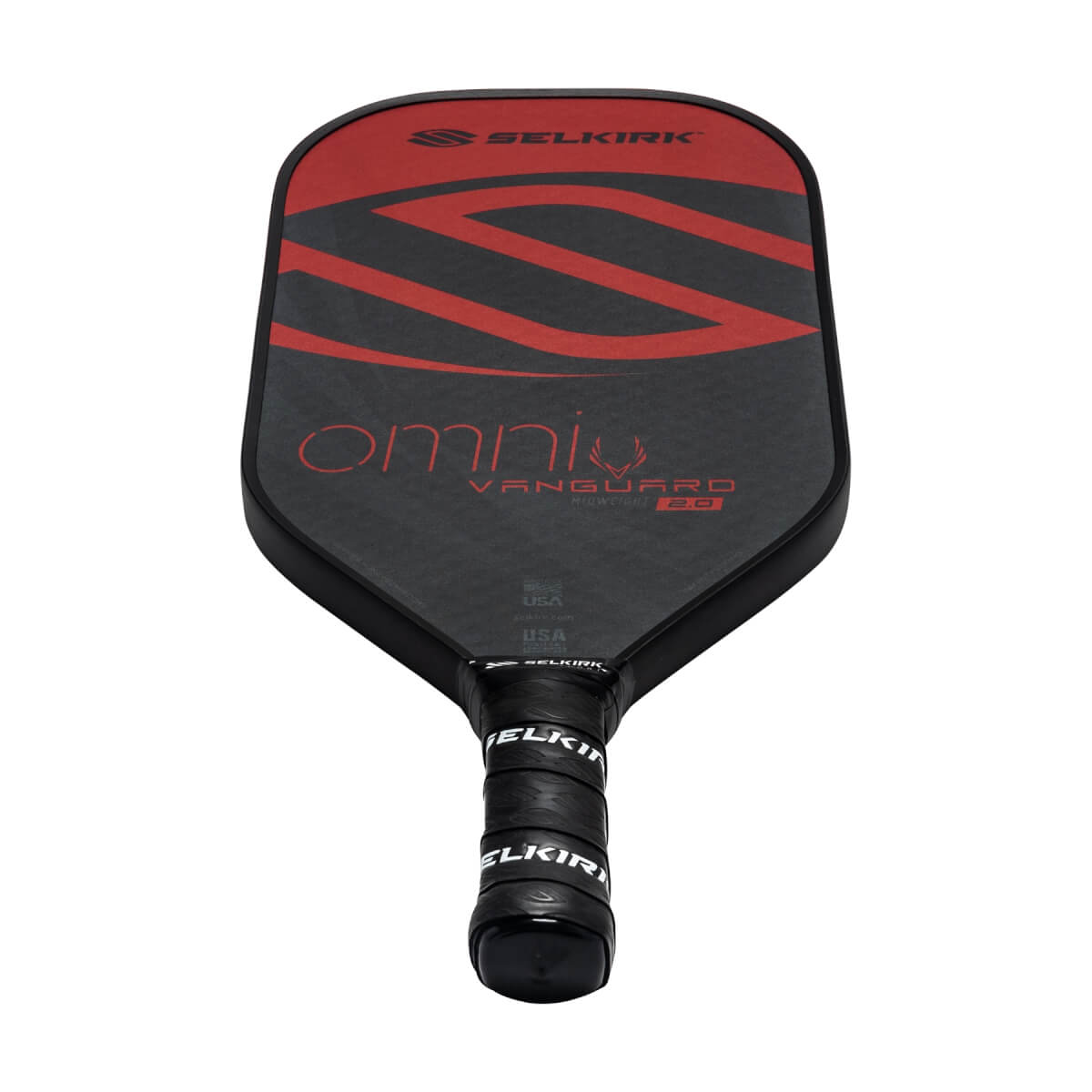 Top-down view of a black pickleball paddle with red S-design, omni text, and Selkirk branding.