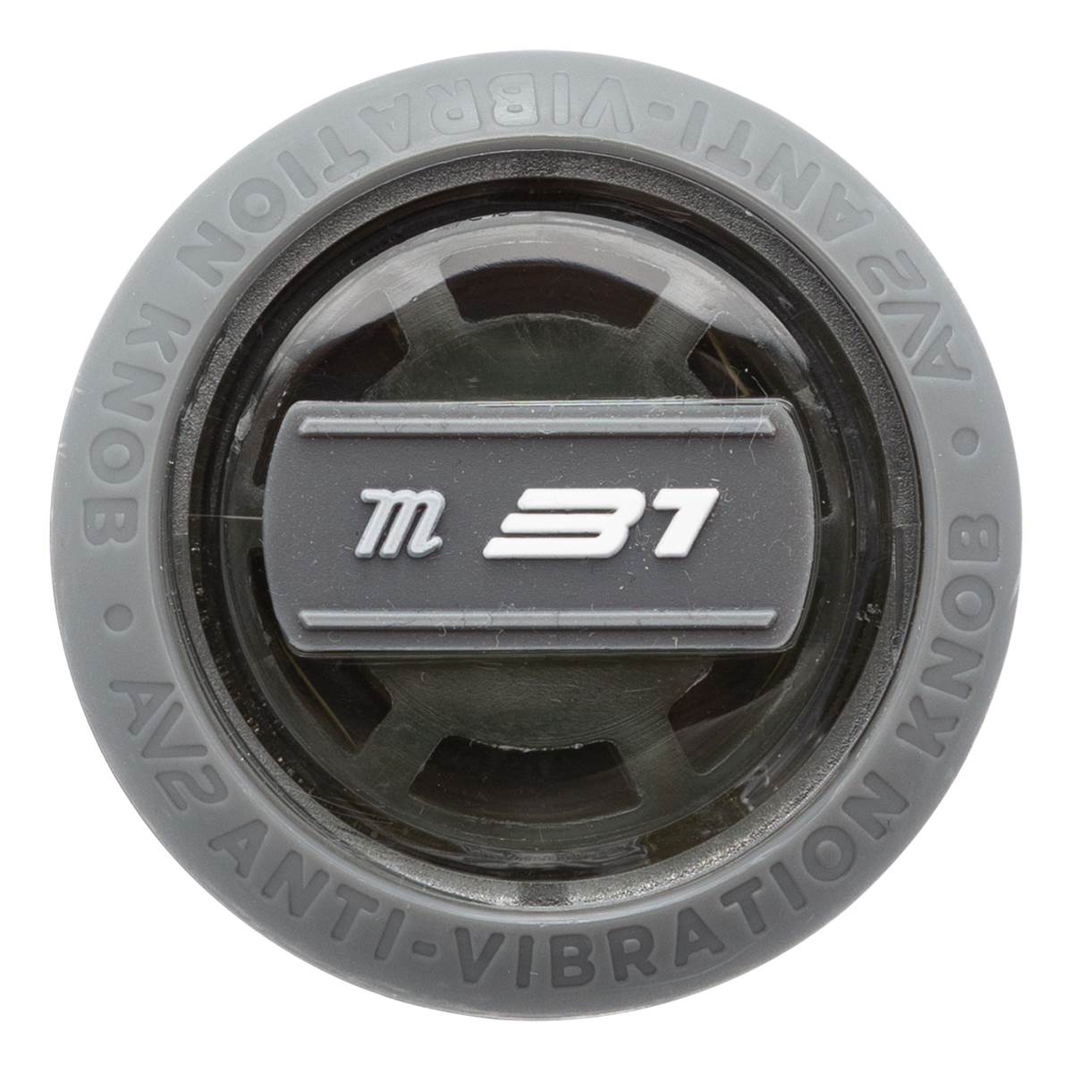 Top-down view of a gray baseball bat knob with m31 logo and AV2 ANTI-VIBRATION KNOB text.