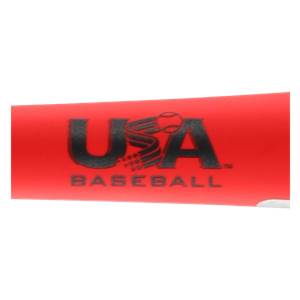 Close-up of a red baseball bat with black USA BASEBALL text and a baseball graphic.