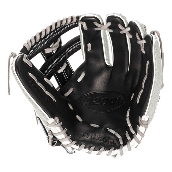 Front view of a black Wilson A2000 FP75 softball glove with grey snakeskin accents, white laces, and "A2000" and "Wilson" embossed on the palm.