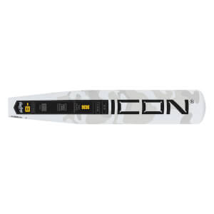 Side view of a white and grey camouflage baseball bat with ICON printed in black and a black label showing Rawlings and -8.