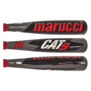 Top-down view of three black baseball bats with red and white branding.