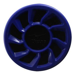 Top-down view of a blue baseball bat end cap with a black Mizuno logo.