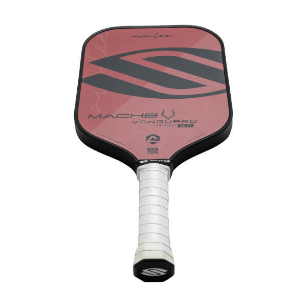 Front view of a red pickleball paddle with a black S-shaped graphic and VANGUARD text.