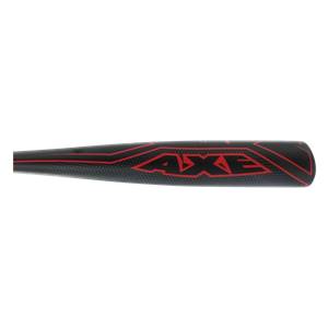 Side view of a black baseball bat with red AXE branding and geometric accents.