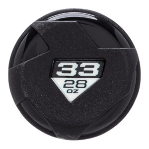 Top-down view of the black textured bat knob featuring a triangular emblem with 33 and 28 OZ in bold white and black lettering.
