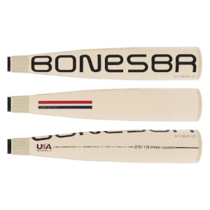 Multiple views of an off-white baseball bat with BONESBR HYBRID text, Warstic logo, and USA Baseball stamp.