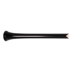 Side view of a black baseball bat with a flared knob and beveled end.