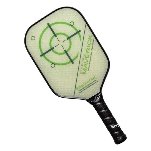 Top-down view of a light green Engage Elite Pro Maverick pickleball paddle with a green target design and black grip.