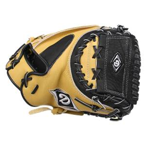 Side view of a tan and black catchers mitt with white stitching and diamond logos.